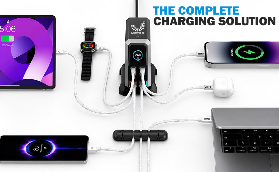 USATEKO 240W GaN 6-Port USB Charging Station with 140W USB-C and 2× 100W Cables