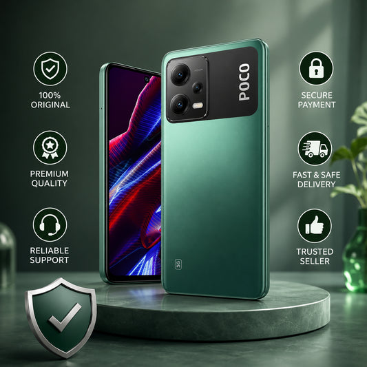 Green POCO smartphone front and back with triple camera module