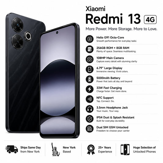 Xiaomi Redmi 13 4G Black smartphone angled view with dual rear cameras and front display