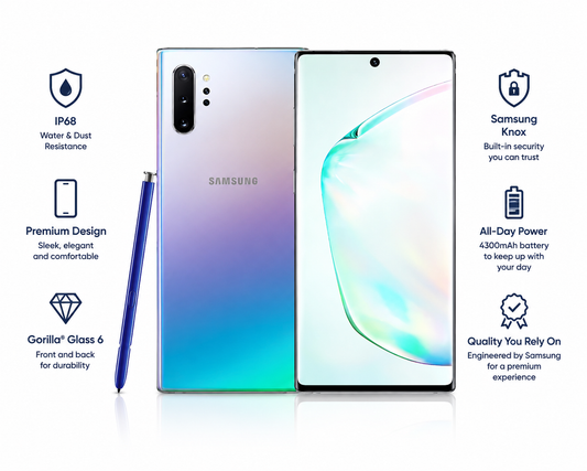 Samsung Galaxy Note 10+ smartphone pair with Aura Glow backs and blue S Pen