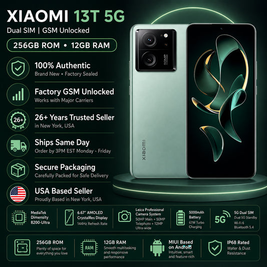 Green Xiaomi 13T 5G smartphone, dual rear cameras, front display on stand