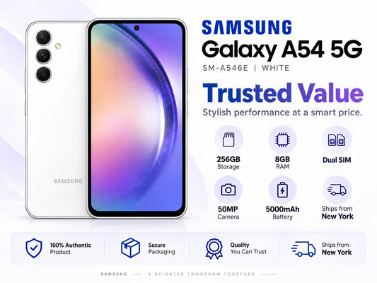 White Samsung Galaxy A54 5G smartphone front and back, screen glowing