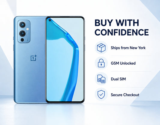 Blue OnePlus 9 5G smartphone front and back view with rear camera module