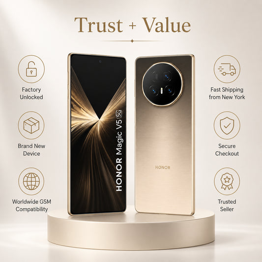 Gold foldable smartphone standing upright with front display and rear triple camera.