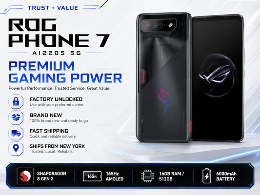 ASUS ROG Phone 7 Black ASUS ROG smartphone shown front and back with rear camera module