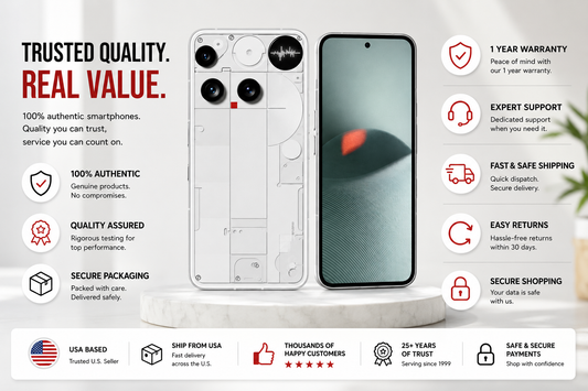 Nothing Phone (3) 5G smartphone in white, back and front shown with badges and warranty icons