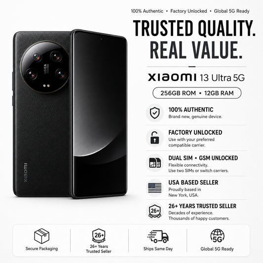 Xiaomi 13 Ultra 5G smartphone, black back and front, factory unlocked dual SIM design