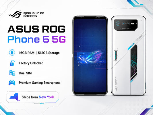 Asus ROG Phone 6 Gaming smartphone pair with white rear and black display, ports and camera detail