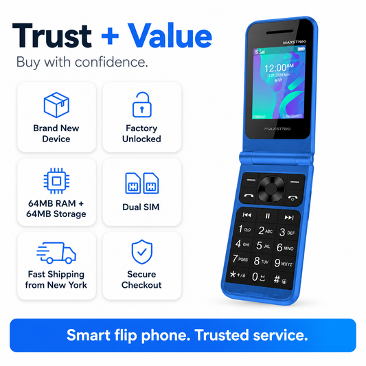 Blue flip mobile phone standing upright, external keypad visible