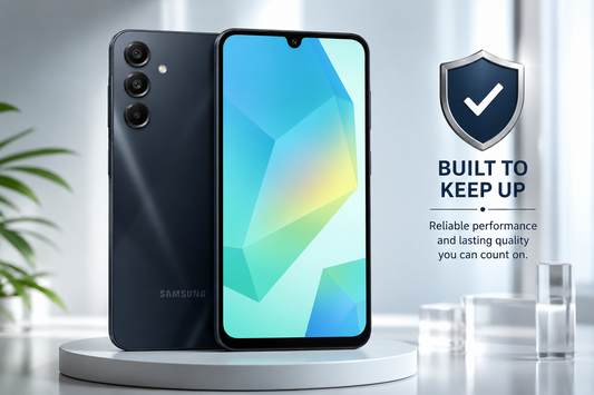 Samsung Galaxy A16 5G smartphone on stand with shield badge for durability.