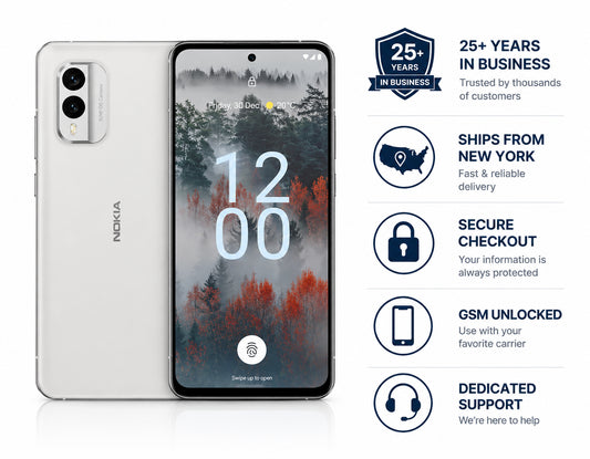 White Nokia X30 5G smartphone front and back with accessibility and security icons.