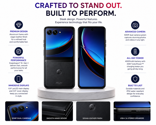 Motorola Razr 40 Ultra foldable smartphone, blue cover display and black textured back