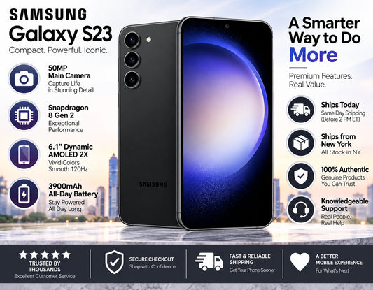 Black Samsung Galaxy S23 5G smartphone front display and back view with rear triple cameras
