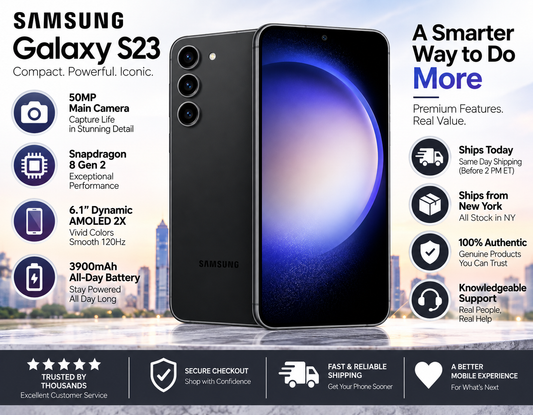 Black Samsung Galaxy S23 5G smartphone front display and back view with rear triple cameras