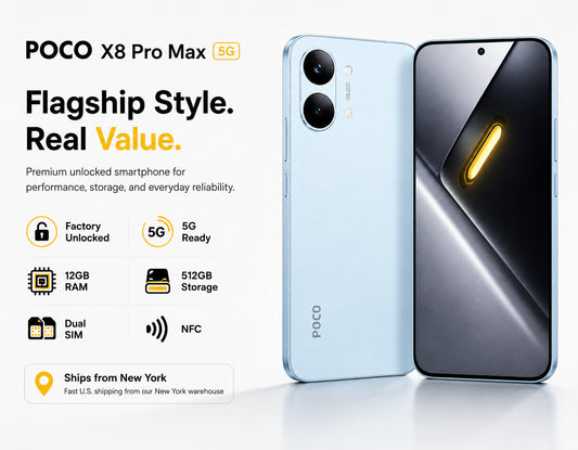 Xiaomi Poco X8 PRO MAX 5G POCO smartphone marketing flyer with light blue back and dark front view
