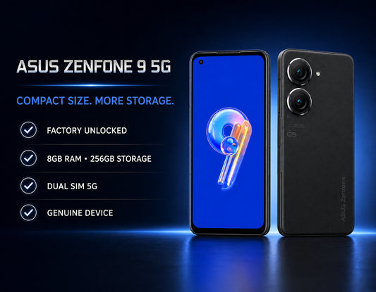 ASUS Zenfone 9 5G smartphone shown front and back, dual rear camera setup