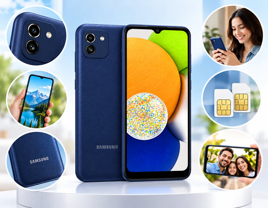 Samsung Galaxy A03 smartphone in blue, front display and back camera close-up