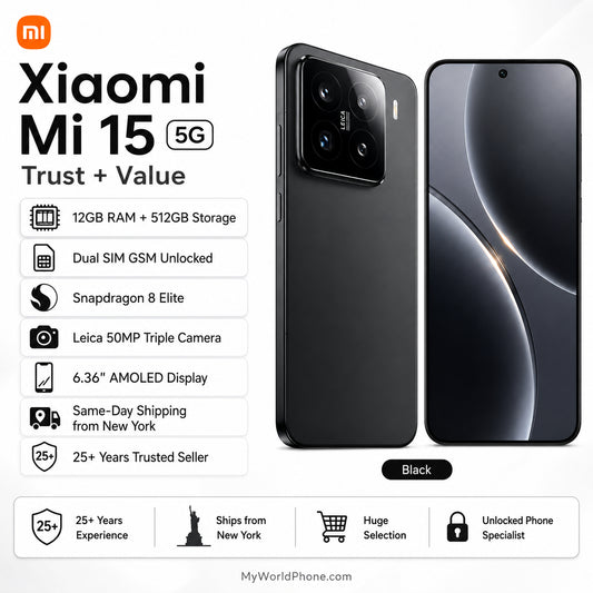 Xiaomi Mi 15 5G Black 5G smartphone front and back with triple rear camera and curved display.