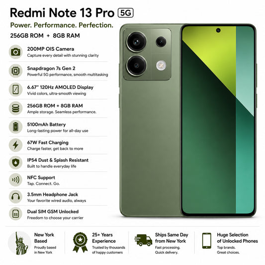 Olive green unlocked smartphone showing front display and dual rear cameras