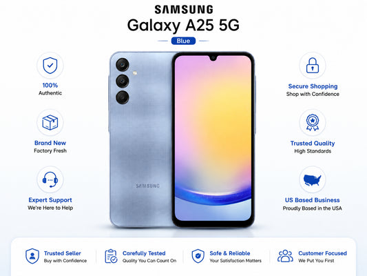 Blue Samsung Galaxy A25 5G smartphone with front display and rear cameras