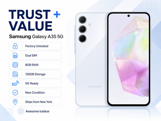 Samsung Galaxy A35 5G phone showing ice blue back and front, triple rear cameras