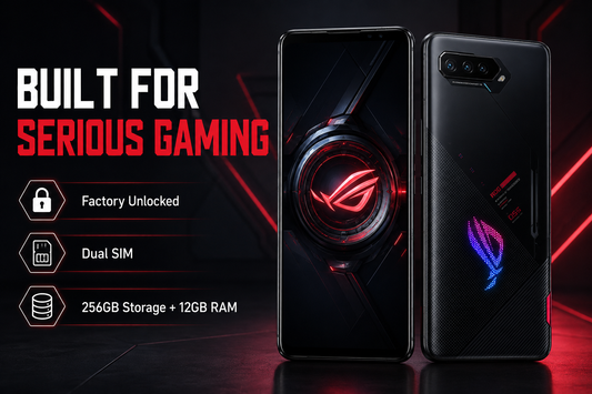 Asus ROG Phone 5S Black gaming smartphone standing upright, red logo and rear camera module visible