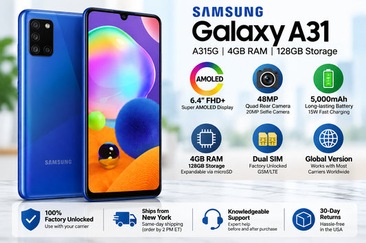 Prism Crush Blue Samsung Galaxy A31 smartphone showing AMOLED-style home screen.