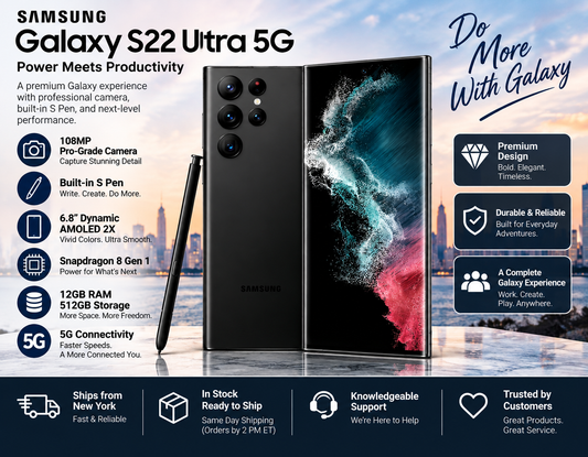 Samsung Galaxy S22 Ultra 5G phone with S Pen and side profile, front and back shown