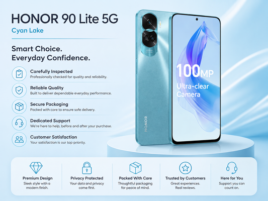 Cyan Honor 90 Lite 5G smartphone with front screen and rear triple camera on stand