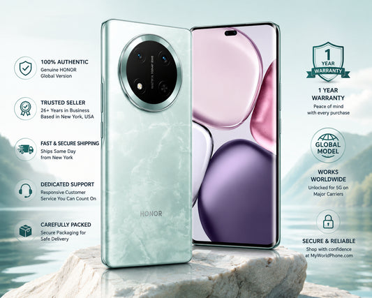 Jade cyan smartphone back and front, with circular camera module