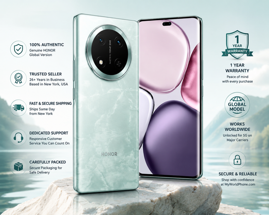 Jade cyan smartphone back and front, with circular camera module