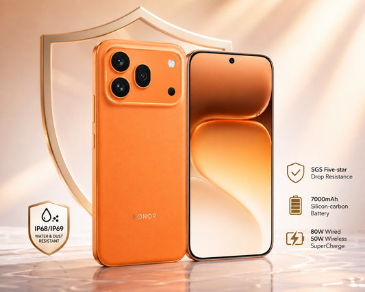 Orange Honor 600 Pro 5G smartphone with back camera and front display shown
