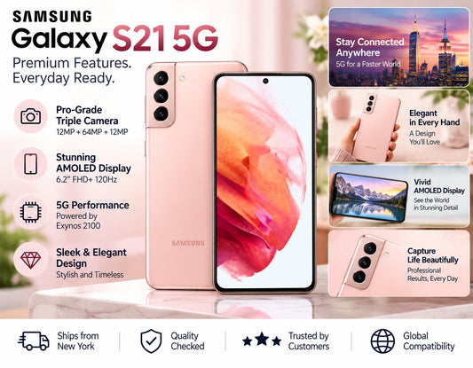 Pink Samsung Galaxy S21 5G smartphone front and back view