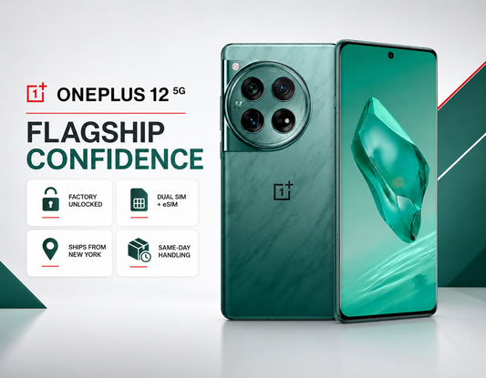 Green OnePlus 12 5G smartphone front and back, screen lit