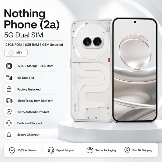 Milk Nothing Phone (2a) 5G dual SIM smartphone standing with transparent back visible