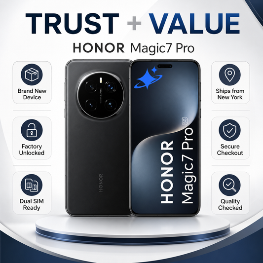 Honor smartphone with quad rear cameras and blue front screen, shown side-by-side