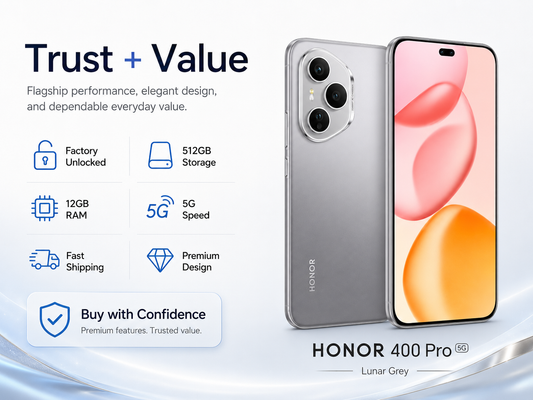 Honor 400 Pro 5G Grey smartphone with triple rear cameras and curved front display