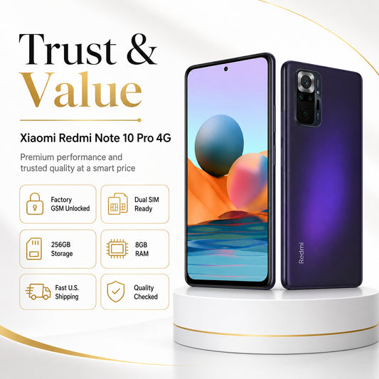 Xiaomi Redmi Note 10 Pro 4G smartphone set, front display and back purple nebula