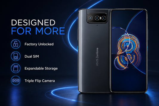 Asus Zenfone 8 Flip Black dual-SIM smartphone shown front and back with triple flip camera module