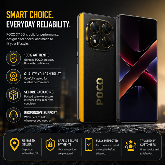 Black Poco X7 5G smartphone with yellow side trim, front and back views