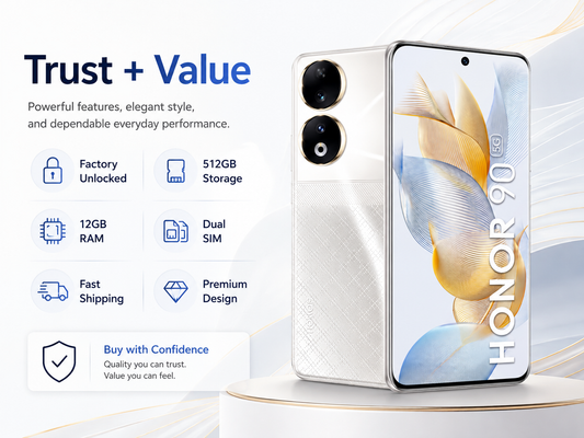 Honor 90 5G Diamond Silver smartphone front and back, dual rear cameras visible beside the screen