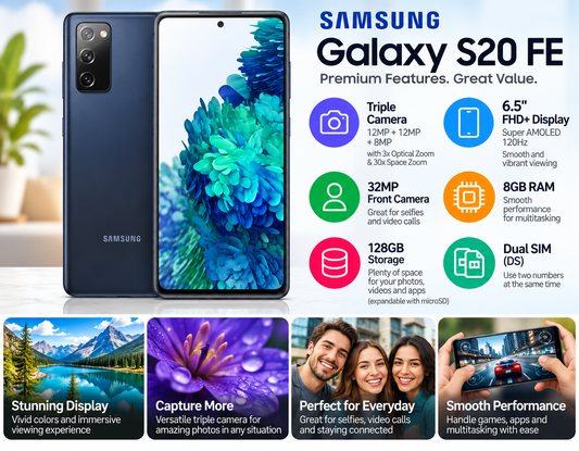 Samsung Galaxy S20 FE G780G 128GB,8GB RAM Dual Sim GSM Unlocked - Cloud Navy