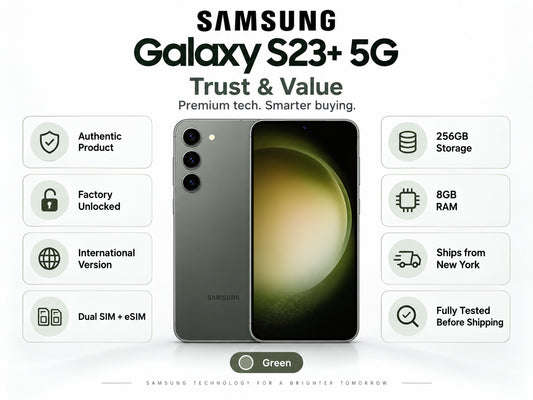 Samsung Galaxy S23+ 5G Green smartphone front and back shown in product listing graphic