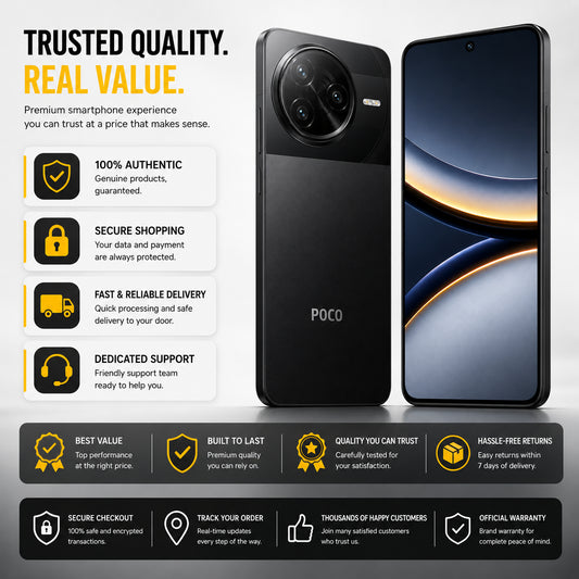 Xiaomi Poco F7 Ultra 5G Black POCO smartphone front and back on white marketing panel