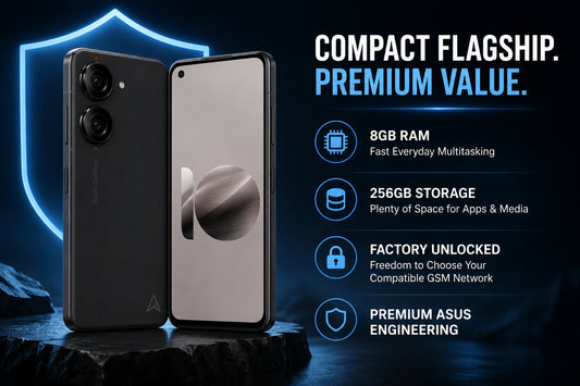 Black ASUS Zenfone 10 smartphone, front and back, dual rear cameras