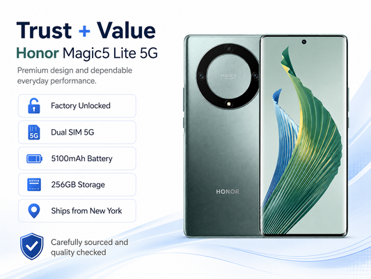 Green Honor Magic5 Lite 5G dual SIM phone, front and back, circular camera on rear