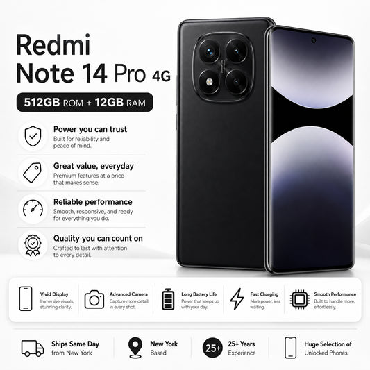 Xiaomi Redmi Note 14 Pro 4G Black smartphone with quad rear camera and full front display, shown in open-face view