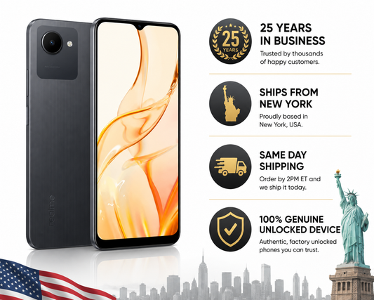 Realme C30s Unlocked smartphone showing front screen and dark back with dual camera.