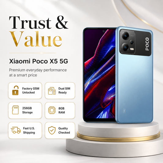 Blue Xiaomi Poco X5 5G smartphone, back view and front display with curved screen
