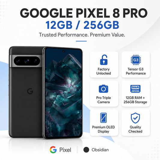 Google Pixel 8 Pro phone with Obsidian finish and feature icons on the right